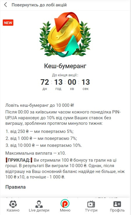Кешбек казино Pin Up