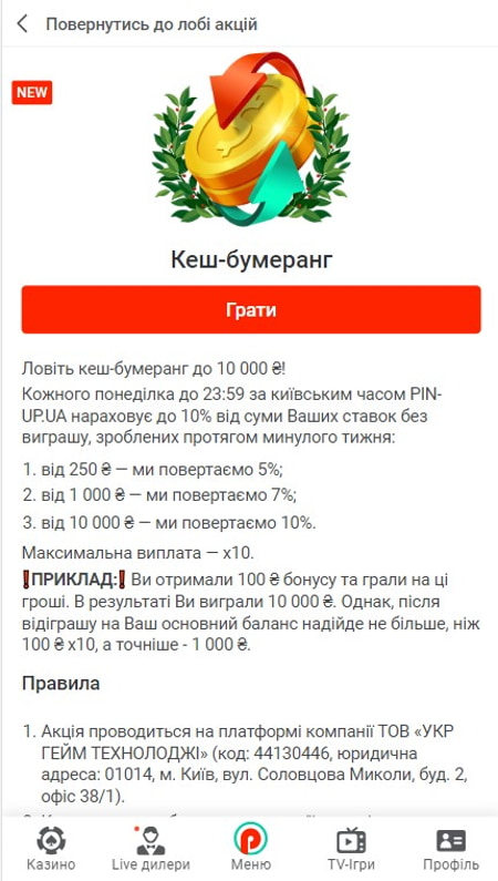 Cashback Pin Up Casino