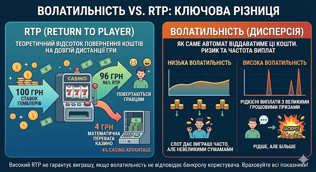 Інфографіка про різницю між RTP та волатильністю в онлайн-казино
