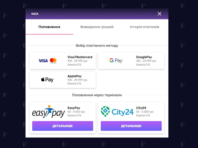 Способи депозиту в онлайн казино Ферст