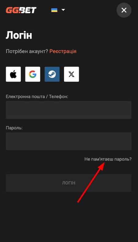 Функція «Не памʼятаю пароль» ГГБет