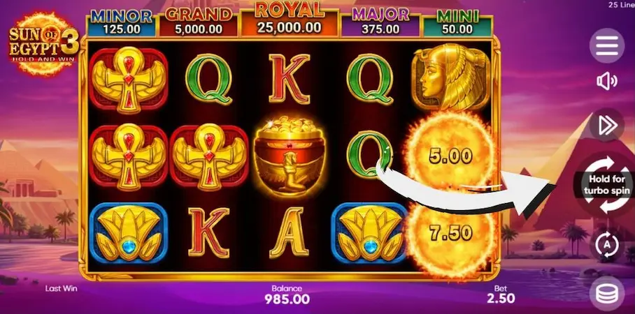 Режим турбо игры в автомате Sun of Egypt 3