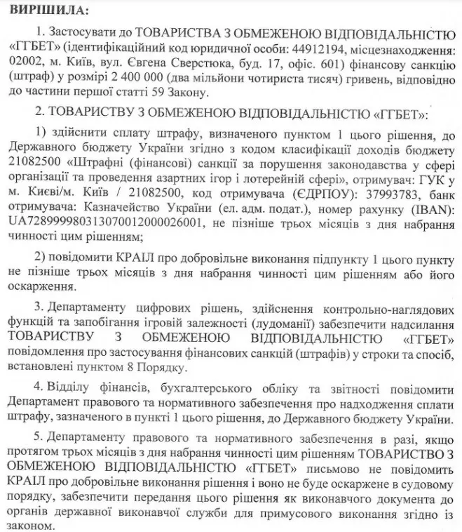 Рішення КРАІЛ щодо санкцій для ГГБет