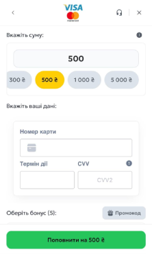 Ввод суммы и данных карты