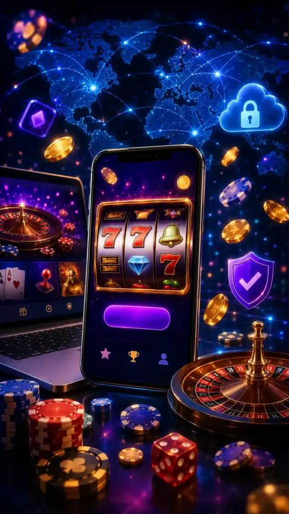 Иллюстрация онлайн-казино на смартфоне с мобильными слотами