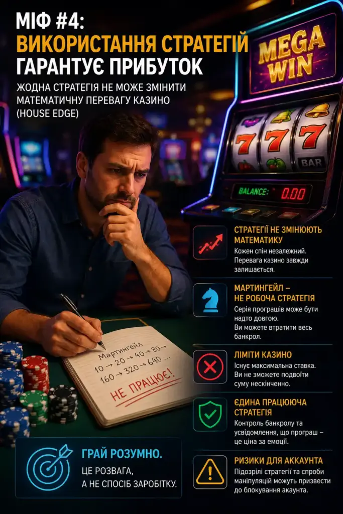 Инфографика о мифе использования стратегий в казино с объяснением house edge