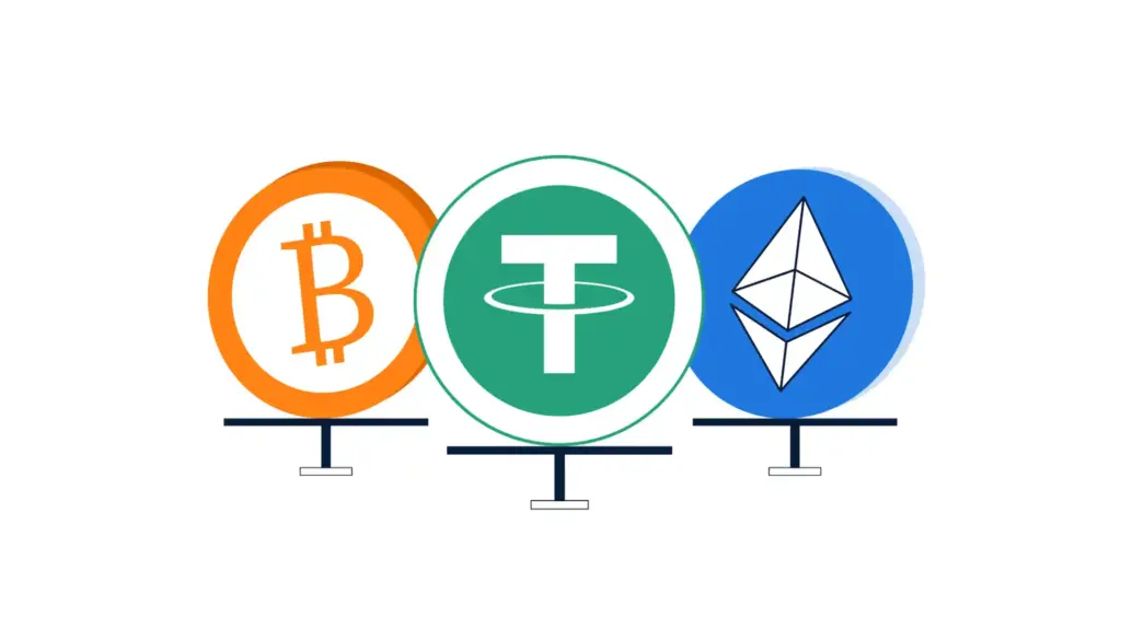 Иконки Bitcoin, Tether и Ethereum