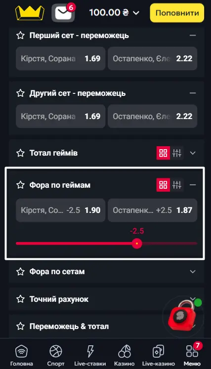 Фора по геймах у ставках на тенісний матч