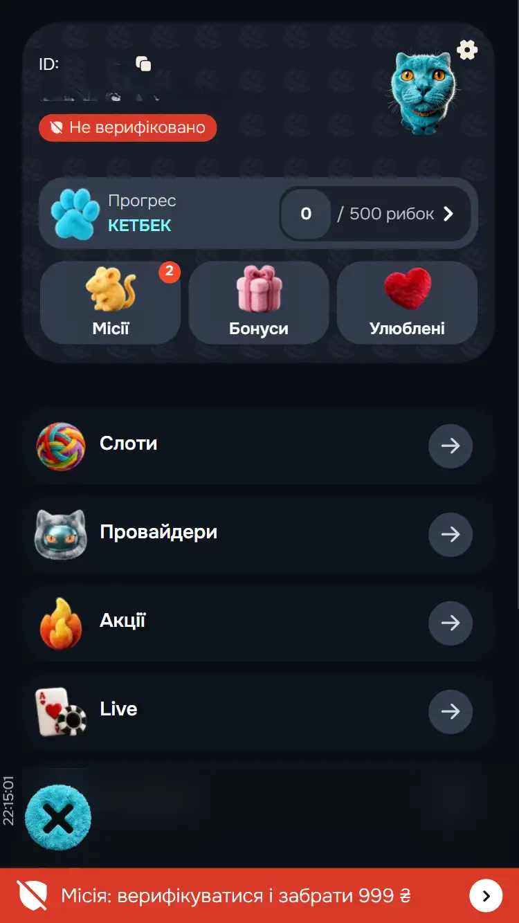 Особистий кабінет сайту Catbet