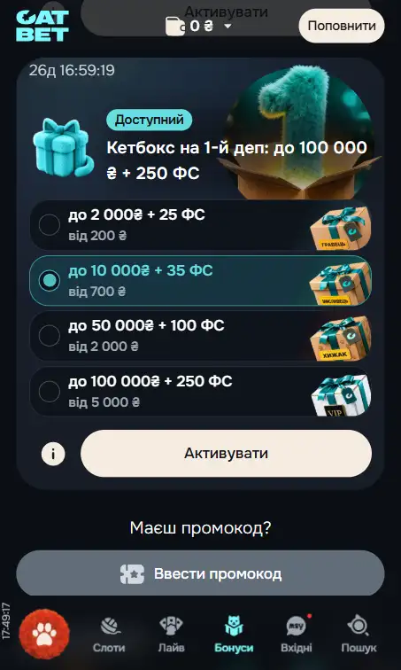 Зображення бонусної програми та акцій Catbet