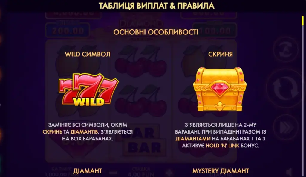 Таблиця виплат та спеціальні символи Diamond Chest: Hold 'N' Link